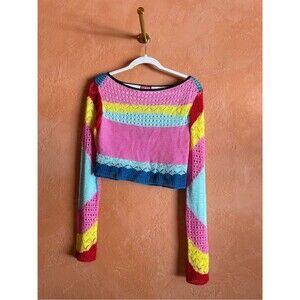 Staud Rainbow Crochet Knit Crop Sweater Open Back Cutout M